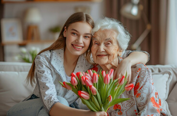 A happy mother and daughter hugging each other in the living room, with tulips in their hands, sitting at home to celebrate Mother's Day.