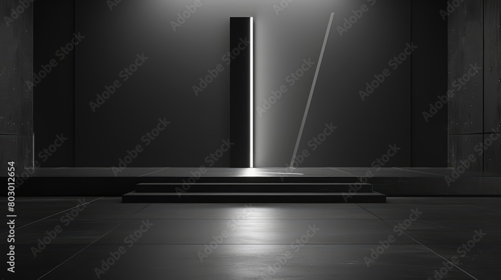 Poster 3d rendering of a dark, empty room with a single spotlight. the room is made of concrete and has a h