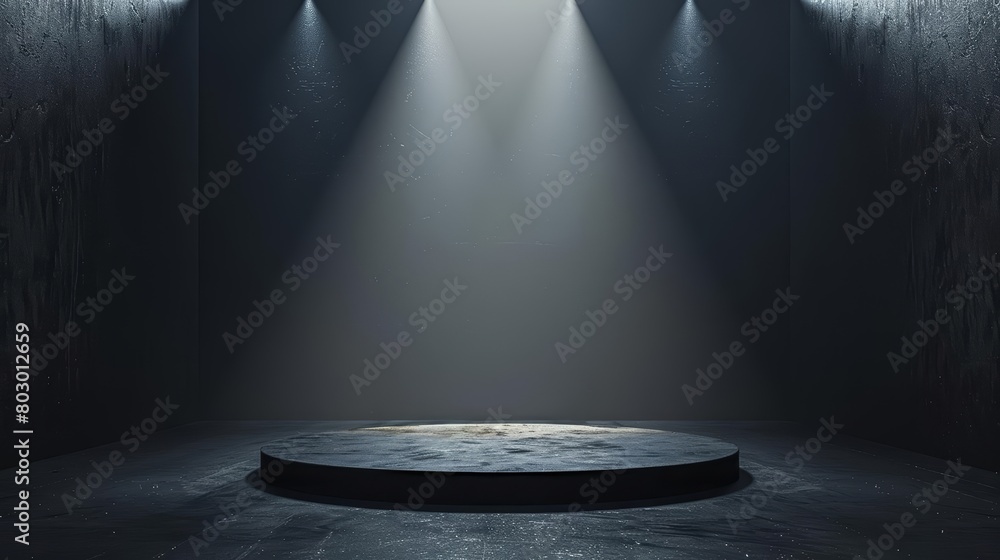Poster 3d rendering of an empty dark stage with spotlight.