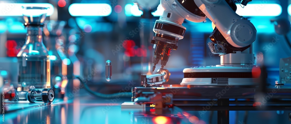 Poster a robotic arm is carefully assembling a complex electronic device in a modern laboratory.