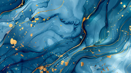 Abstract blue liquid watercolour background with gold spots and lines. 