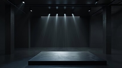 A spotlight shines down on an empty stage. The stage is made of dark wood, and the spotlight is casting a bright white light. The background is a dark, textured wall.