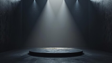 3d rendering of an empty dark stage with spotlight.