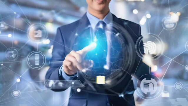 Businessman in suit interacts with glowing holographic globe and network icons, representing global connectivity and advanced technology in a futuristic business setting.
