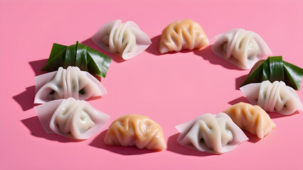 An image of delicious dim sum beautifully arranged on a pink background.