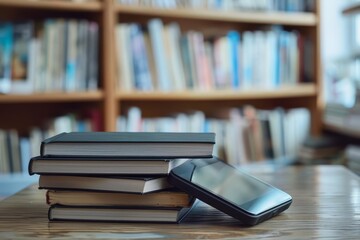 A stack of books with an e-reader on the side. The background is a blurred library.