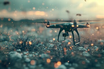 Take a photo of a drone flying over a rocky moon-like landscape. Make the drone look small and insignificant compared to the landscape.