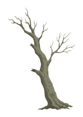 Old dead tree. Hand draw leafless trunk. Winter or autumn season plants icon, dry naked branch silhouette. Nature ecology problems concept. Isolated vector illustration