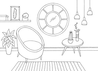 Round window living room graphic black white interior sketch illustration vector