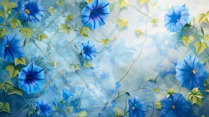 Create a whimsical scene of blue morning glories climbing a trellisWater color,  hand drawing