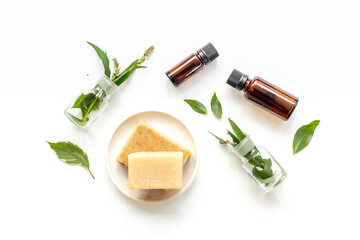 Organic cosmetics with essential oils and extract of medicinal herbs, top view