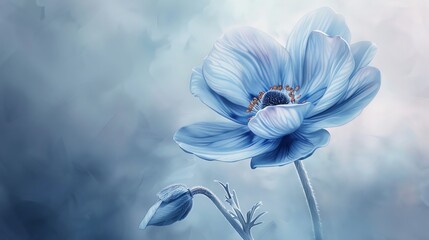 Illustrate the gracefulness of a blue anemone with its delicate petals unfurlingWater color,  hand drawing