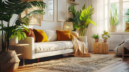 Cozy home interior with comfort sofa, pillows, floor lamp. Natural color scheme