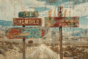 The painting features a road lined with a variety of weathered and aged signs, marking different directions and warnings under a cloudy sky. Generative AI