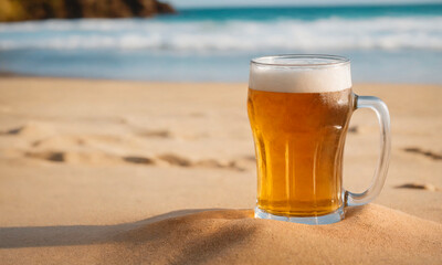 Glass of Beer on Sandy Beach. A fresh glass of beer stands on top of a sandy beach, reflecting the sunlight and creating a refreshing scene.