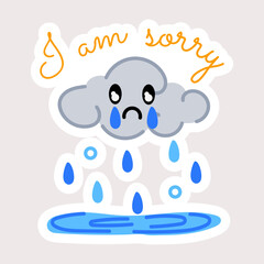 Grab this flat sticker of sad cloud with sorry word 