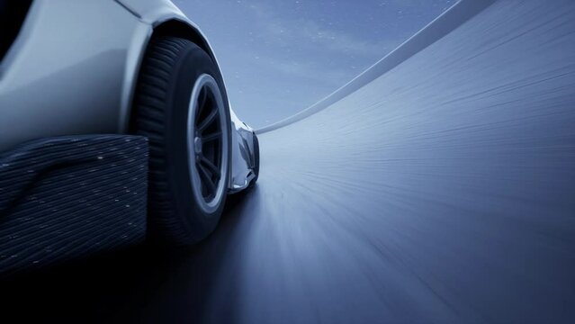 CGI footage of 3D car racing video game interface with fast sportscar driving on speedway during race under night sky