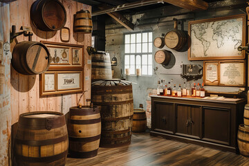 A historical exhibit showcases the global influence of spirits like whiskey and rum - featuring antique distilling equipment and aged barrels