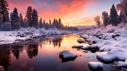 Fototapeta na wymiar An early morning view of a calm, clear river flowing gently through a snowy landscape, with the pink and orange hues of sunrise reflecting off the water and snow-covered banks.