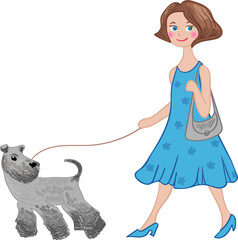 A girl in a blue dress walks with a Kerry Blue Terrier dog on a leash.