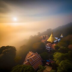 Wat Phra That in Southeast Asia shrouded in morning fog