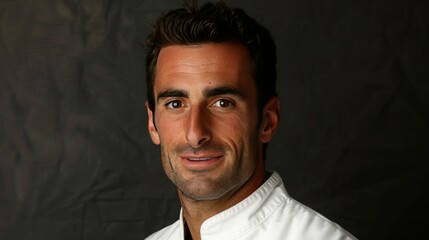 Portrait of a talented and cheerful male chef in traditional uniform posing with a bright smile