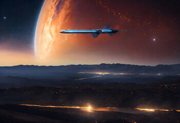 Futuristic Space rocket flying in sky heading to planet, orange mars in galaxy