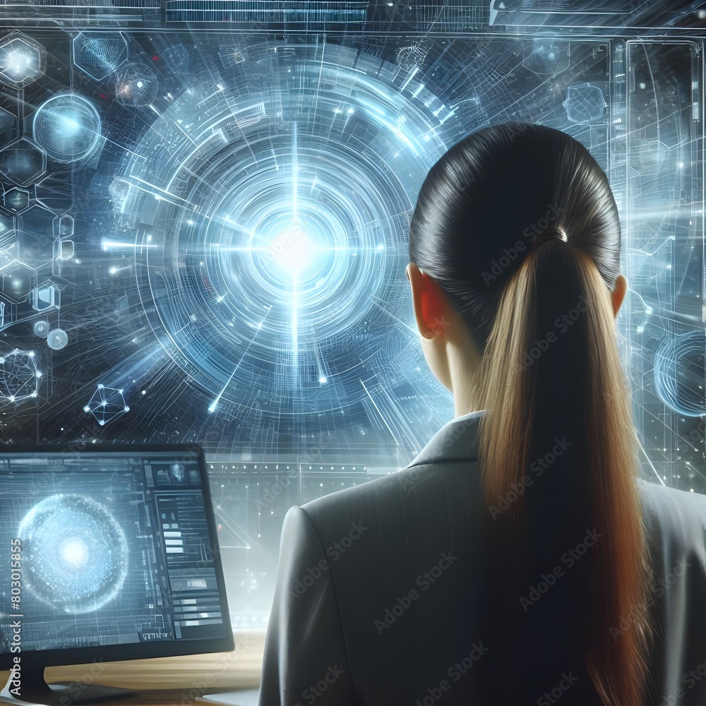 Aufkleber back view of businesswoman working with computer in modern office. 3d rendering generated by ai