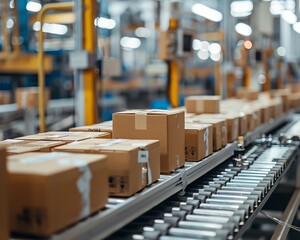 A busy packing area in an auto parts factory where finished products are boxed and labeled