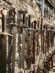 A detailed view of a city wall under repair, with historical and modern weapons side by side