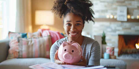 Pretty female holding piggy bank