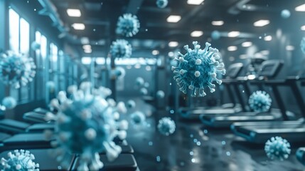 Blue Virus Particles Airborne in Modern Gym
