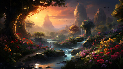 An enchanted forest scene where a stream quietly meanders through, leading to a distant, softly illuminated waterfall, with the surrounding flora bathed in the ethereal light of the setting sun.