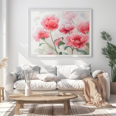 A painting of a bouquet of pink flowers is hanging on a white wall
