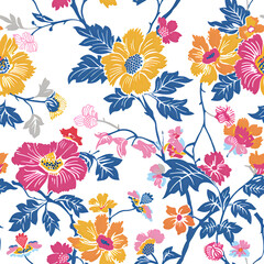 Seamless design. Colorful abstract flowers bouquet on a cream color background.	