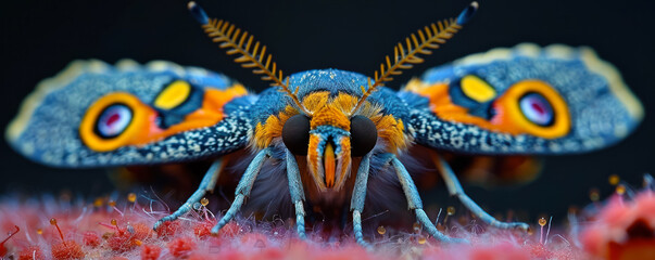 sunset moth closeup revealing vivid wing patterns, macro photography