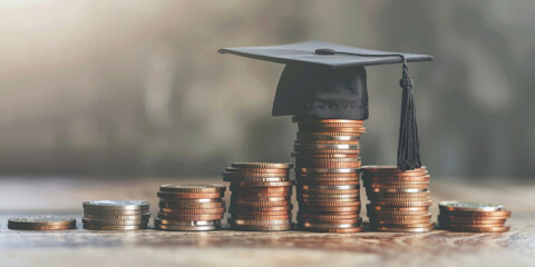 High cost of education concept - stacks of coins with graduation cap on it