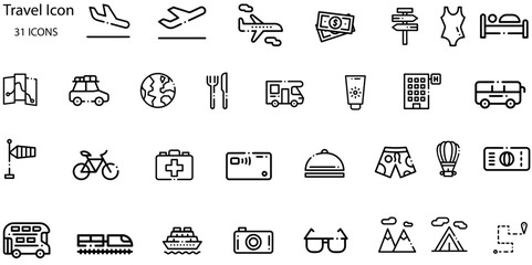 Travel set of web icons in line style.Travel and vacation icons for web and mobile app. Airport, tickets, tour, relax, hotel, recreational rest, service. Vector illustration
