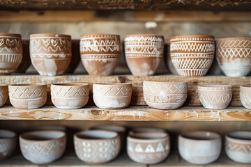Artisanal Ceramic Bowls Display on Wooden Shelves