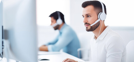 Young Man Working as Call Center Agent Providing Support to Customers Using Headset and Computer. Call Center Agent Concept