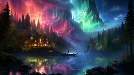 An ethereal scene where the Northern Lights dance above a towering waterfall, cascading into a...