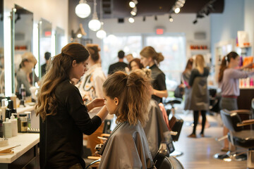 A busy day at a hair salon shows stylists and clients interacting - underscoring the salon as a lively community hub - Powered by Adobe