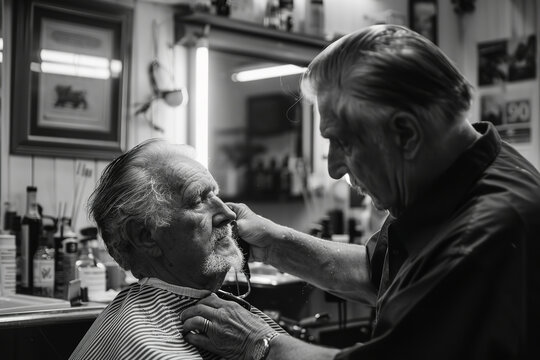 A seasoned barber mentors a young apprentice in classic barbering techniques in the traditional setting of an old-school barbershop