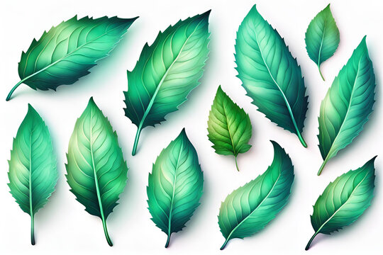 Set of bright mint leaves isolated on white background