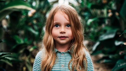 Fototapeta premium Portrait of a Young Girl with Blue Eyes and Long Blonde Hair in a Lush Botanical Setting