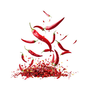 Falling hot chilies, pieces of chili floating on a transparent background