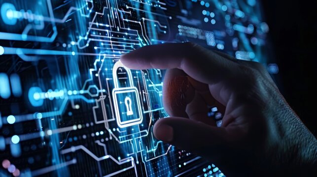 Employ digital visualization and user interface designs for hacker prevention, utilizing lock network strategies, tech innovation, and cyber policies for online security and secure access.