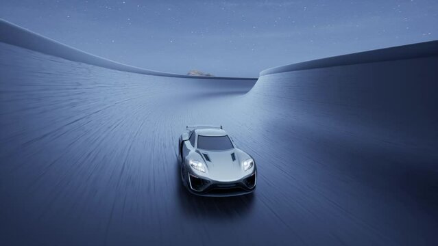 CGI gameplay screen of driving modern grey supercar and passing several checkpoints during race on highway at night in virtual game