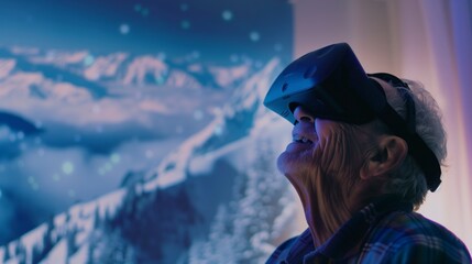 Elderly man enjoying virtual winter landscape with VR headset