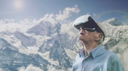 Elderly man viewing mountain scenery with VR headset